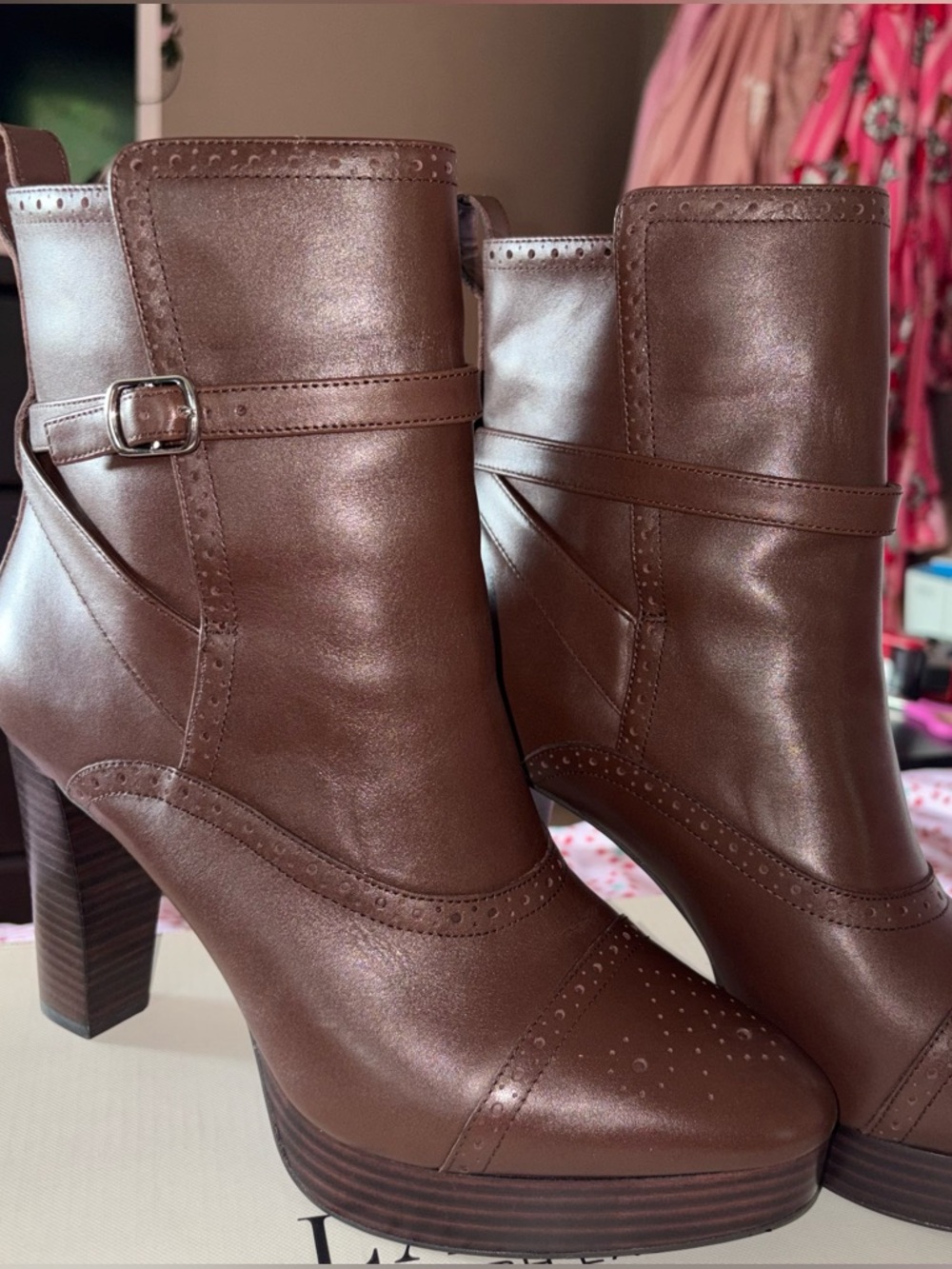 Ralph Lauren Brown Leather Boots with Stacked Heel